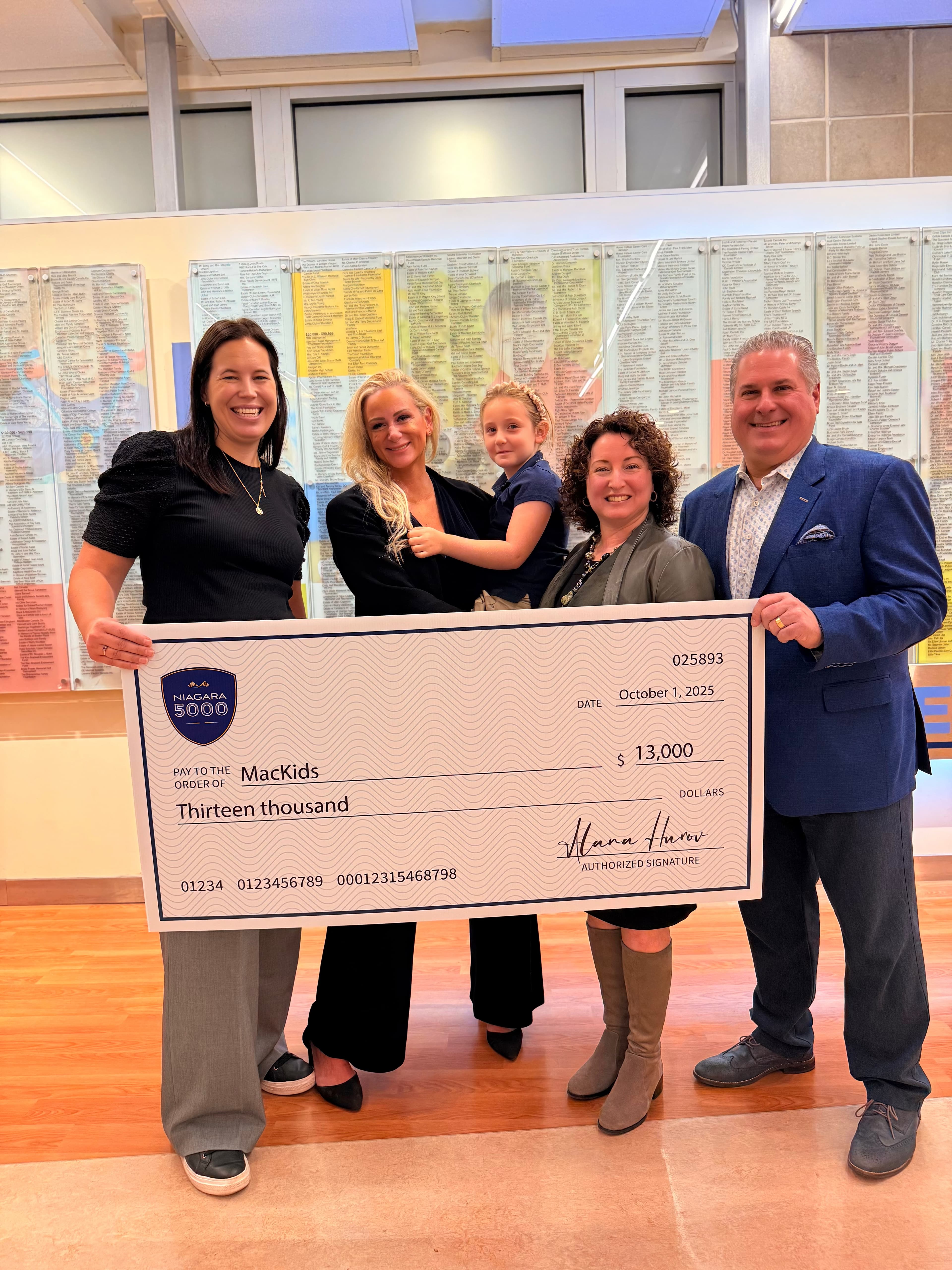 Niagara 5000 presenting $13,000 cheque to MacKids, Hamilton Health Sciences Foundation