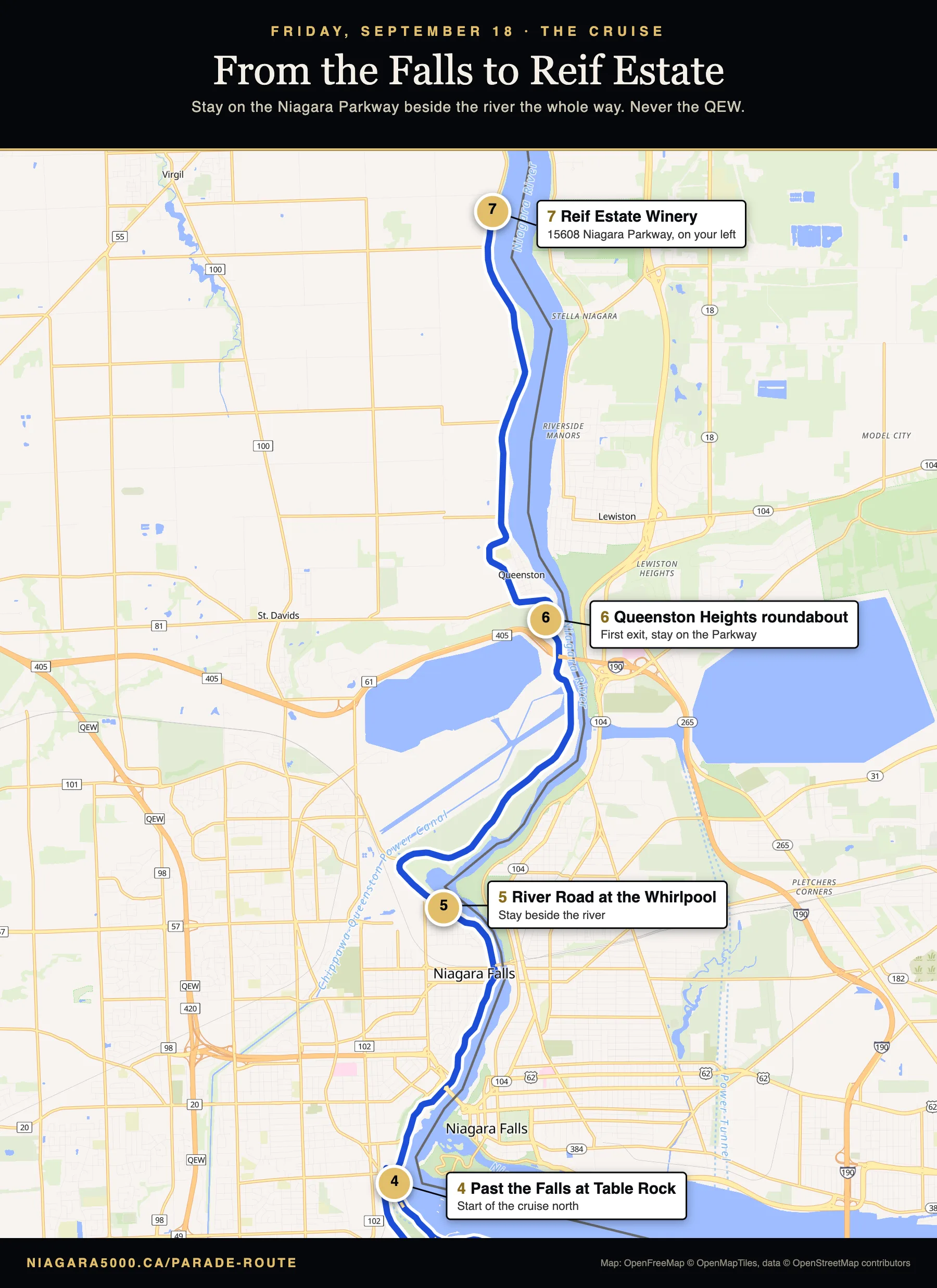 From the Falls to Reif Estate Winery: the Niagara Parkway past the Whirlpool and through the Queenston roundabout, stops 4 to 7